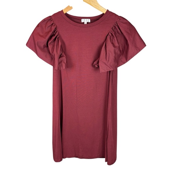 TCEC Slightly oversized Maroon T-shirt Dress with Ruffle Sleeves - Picture 2 of 5